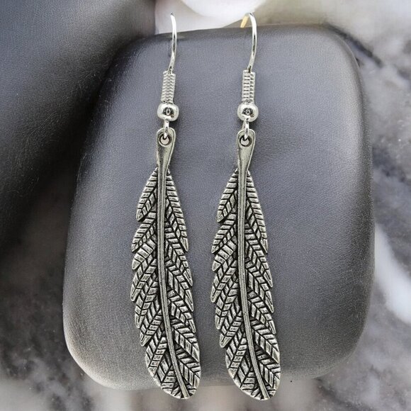 Silver Feather Drop Earrings - Picture 1 of 4
